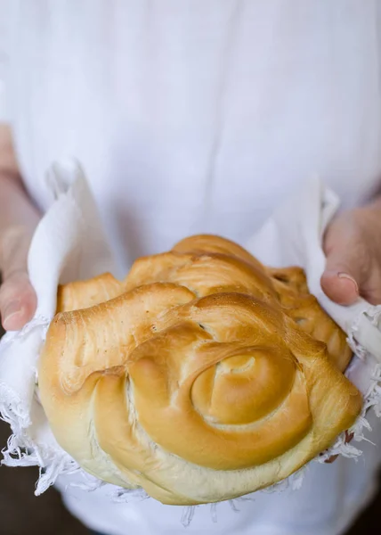 Bread Womans Hands Baker Holding Beautiful Freshly Baked Warm Bread — Stock Photo, Image