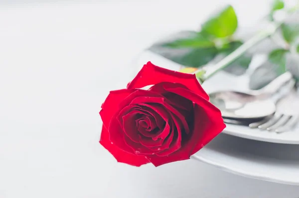 Close up view of restaurant table with romantic place setting with red rose, plates, cutlery on white background. Valentine\'s Day or romantic dinner concept. Copy space.