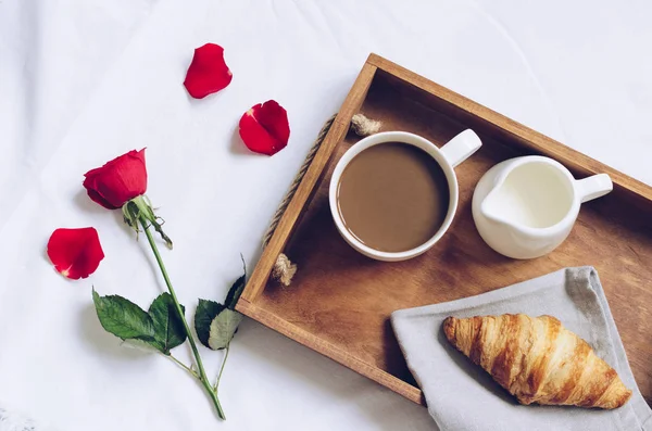 Romantic Valentines Day Breakfast Bed Tray Fresh Croissant Cup Coffee — Stock Photo, Image