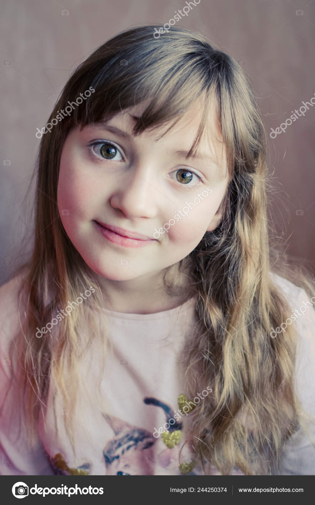 Portrait Little Pretty Girl Cute Smile Beautiful Girl Long Dark