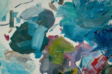 Doku, farklı renklerde karışık yağlı boya. Tuvale elle çizilmiş yağlı boya resim. Soyut arkaplan. Sanat eserinin bir parçası. Noktalar ve fırça darbeleri. Modern çağdaş sanat. Üst Manzara. Boşluğu kopyala.