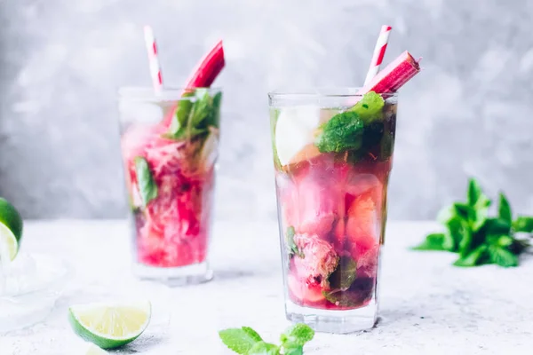 Rubarb, limon ve nane ile yaz ferahlatıcı içecek. Rubarb limonatası. Taze bahar rubarb mojito kokteyli..