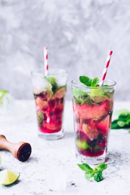 Rubarb, limon ve nane ile yaz ferahlatıcı içecek. Rubarb limonatası. Taze bahar rubarb mojito kokteyli..
