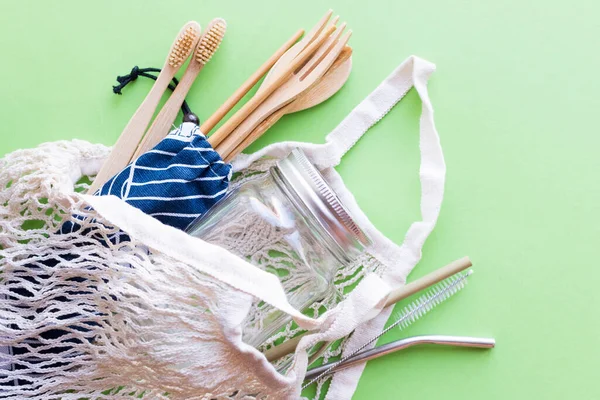 Zero Conceito Desperdício Saco Algodão Talheres Bambu Escova Dentes Jarra — Fotografia de Stock