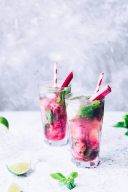Rubarb, limon ve nane ile yaz ferahlatıcı içecek. Rubarb limonatası. Taze bahar rubarb mojito kokteyli. Boşluğu kopyala.