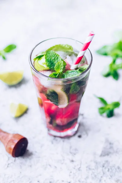 Sommar Uppfriskande Dryck Med Rabarber Lime Och Mynta Rabarberlemonad Glas — Stockfoto