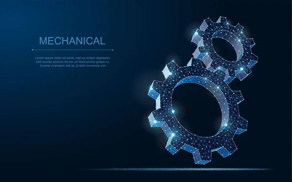 Abstract vector wireframe two gear 3d modern illustration on dark blue background — Stock Vector