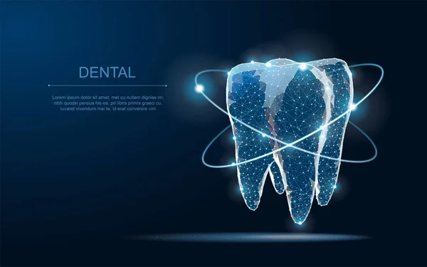 Diente. Ilustración abstracta de dientes brillantes de bajo brillo de poli. Fondo azul y estrellas . — Archivo Imágenes Vectoriales