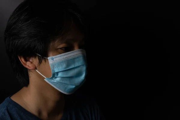 Man Wearing Protection Face Mask Coronavirus Covid Darken Tone Banner — Stock Photo, Image