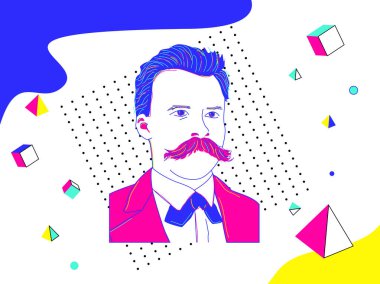 Friedrich Nietzsche portre çizgi sanatı illüstrasyon. Alman, filozof, filolog, şair, besteci ve klasik bilgin. Kullanılabilir katmanlar