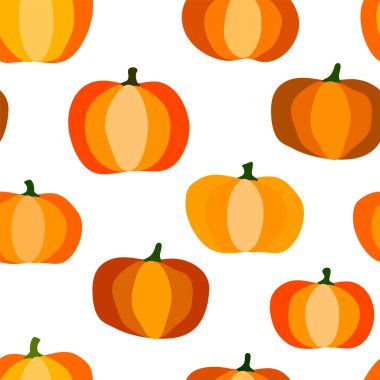 Kusursuz balkabağı deseni. Beyaz arka planda izole edilmiş balkabakları. Doğal sonbahar sebzeleri. Duvar kağıdı ve ambalaj kağıdı için sezonluk vektör çizimi. Cadılar Bayramı ve Şükran Günü için sonbahar resmi