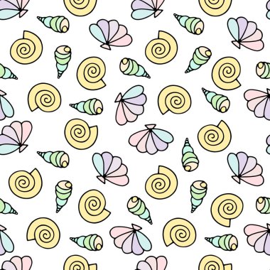 Kabuksuz vektör çizim deseni. Beyaz arka planda izole edilmiş karikatür deniz salyangozları. Rastgele deniz kabukları duvar kağıdı, ambalaj kağıdı, tekstil, yaz dekorasyonu kıyafetleri