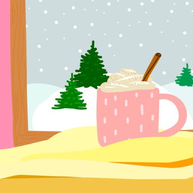 Konforlu İskandinav vektör çizimi. Ekoseli sıcak bir içecek ile şirin pembe bardak. Noel ağacı ve karın üzerindeki pencereden kış manzarası ile iç kısımda. Eggnog, kahve, kakao, çikolata