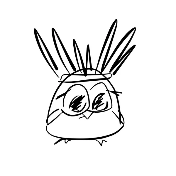 手描きのフクロウネイティブアメリカのローチ 目が大きいかわいいキャラクター 彼の頭の上に羽を持つフクロウリーダーマスコット 羽の頭を持つ概要鳥 ベクトルスケッチプリント 水墨画 — ストックベクタ