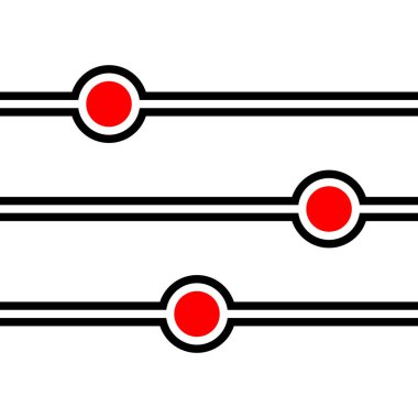 Kusursuz vektör çizgili desen. Siyah çizgiler beyaz arka planda izole edilmiş kırmızı daireler etrafında akıyor. Kırmızı noktalar çizgilerle çevrili. Ağ, duvar kağıdı ve ambalaj kağıdı için renk geometrik kenarı