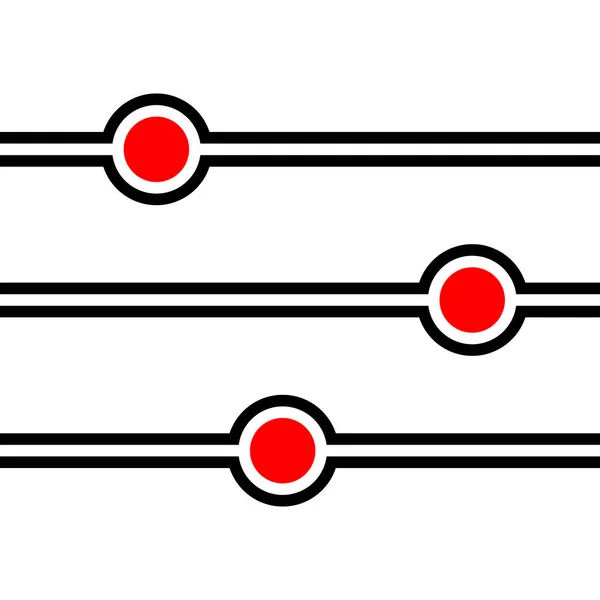 シームレスなベクトル縞模様 白い背景に孤立した赤い円の周りを流れる黒い縞 赤い点は線で囲まれています ウェブ 包装紙のための色幾何学的境界線 — ストックベクタ