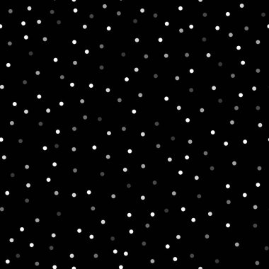 Kusursuz vektör polka nokta deseni. Siyah arka planda beyaz, gri noktalar. Rastgele çizilmiş noktalı tek renkli resim, kar. Paket kağıdı, defter, giysi, duvar kağıdı çizimleri