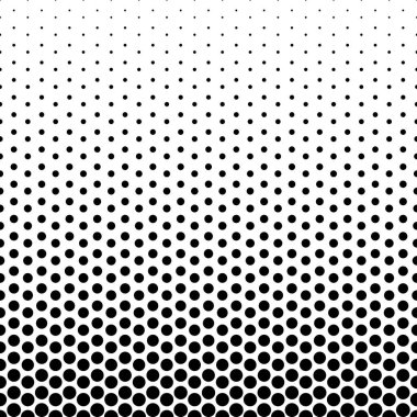 Monokrom Yarım Tonlama Arkaplanı. Beyaz arka planda büyük siyah noktalardan küçük noktalara geçiş. Popüler sanat tarzında vektör retro illüstrasyonu. Çizgi roman puantiyeli kumaş. Gradyan Grunge Arkaplanı