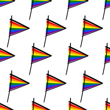 LGBT Bayraksız desen. Beyaz arka planda izole edilmiş üçgen gökkuşağı renkli bayraklar. Hoşgörünün, eşcinsellerin, lezbiyenlerin, transseksüellerin, eşitliğin, özgürlüğün el çizimi sembolü. Vektör illüstrasyonu