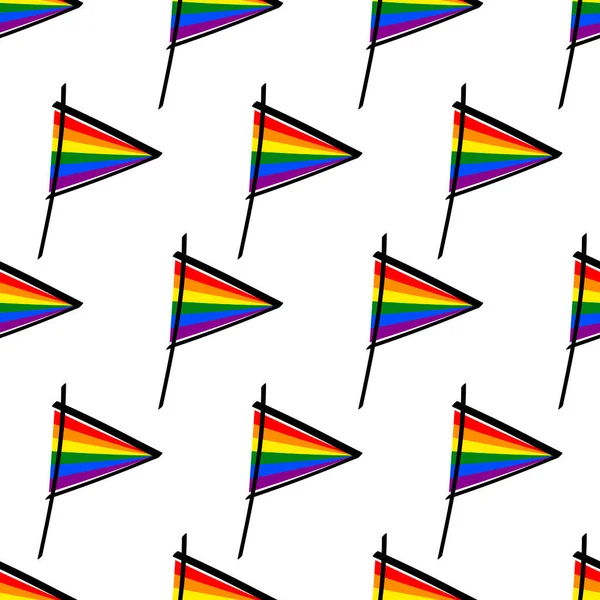 Lgbtの旗シームレスなパターン 白を基調とした三角形の虹色の旗 レズビアン トランスジェンダー 自由の手描きのカラーシンボル ベクターイラスト — ストックベクタ