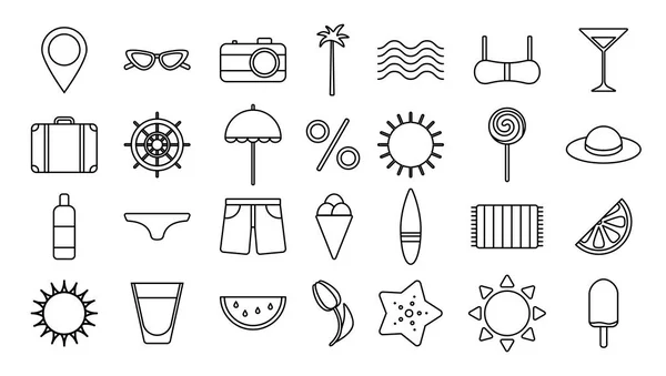 Bilgi grafikleri, web ve mobil uygulamalar için yaz minimalist çizgi simgeleri ayarlandı. Taslak nesneler ve yaz eğlencesi. Stock Vector Sahili, içecekler, tatil, deniz, köleler, beyaz arka planda izole meyveler
