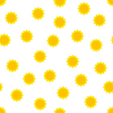 Kusursuz güneş deseni. Beyaz arka planda izole edilmiş şirin sarı güneş. Renkli gün doğumu, günbatımı işareti. Yazın düz sembolü, sıcaklık, tatil, seyahat, sahil. İzler, giysiler ve ağ için vektör illüstrasyonu