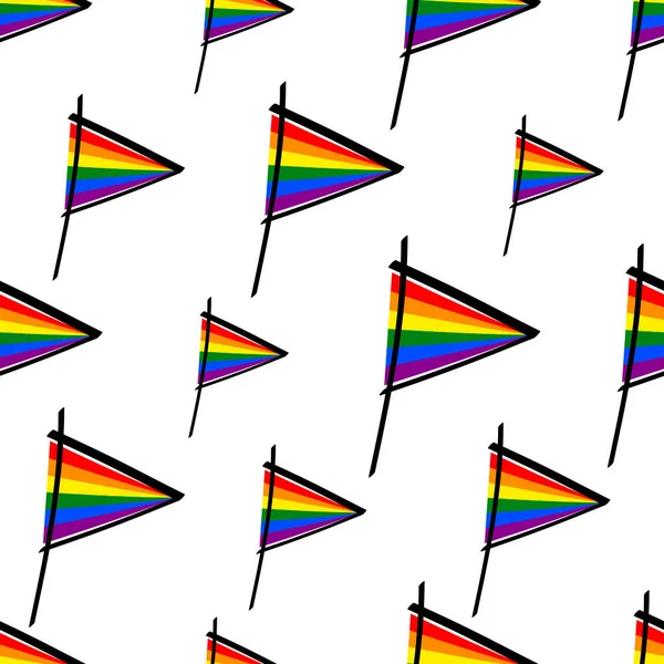 Lgbtの旗シームレスなパターン 白を基調とした三角形の虹色の旗 手描きベクトル寛容 人権ゲイ レズビアン 自由のシンボル プライド月間イラスト — ストックベクタ
