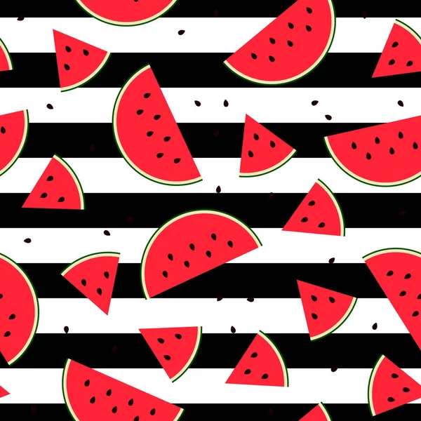 Nahtloses Wassermelonen Scheibenmuster Flache Süße Frische Früchte Auf Weißem Schwarz — Stockvektor