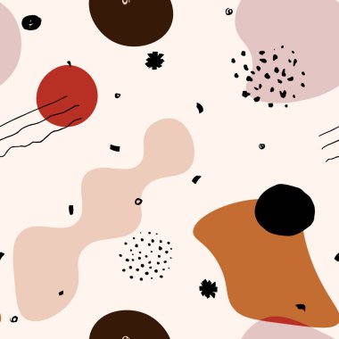 Kusursuz soyut Memphis çıplak deseni. Yumuşak sıvı bordo, kahverengi, bej, tarafsız arkaplanda krema. Siyah el yapımı noktalar, çizgiler, daireler, fırça darbeleri aksanlar. Vektör İskandinav illüstrasyonu