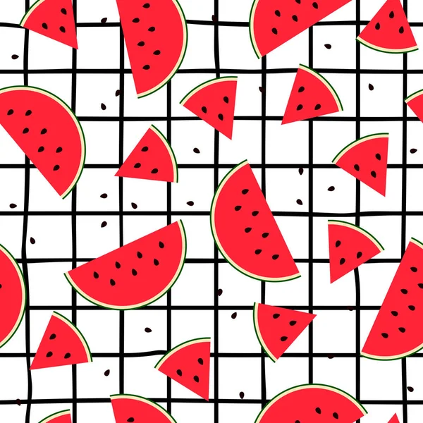 Nahtlose Wassermelone Scheibe Fliesenmuster Flaches Süßes Frisches Obst Auf Kariertem — Stockvektor