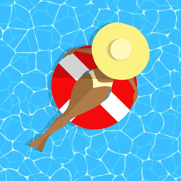 Yüzme Yüzme Yüzme Konsepti. Mavi su arka planında şapkalı bronzlaşmış bir kız. Denizde, plajda, havuzda rahatlatıcı bir karakter. Parlak lastik yüzük, bikini mayo, dalgalar. Vektör yaz illüstrasyonu