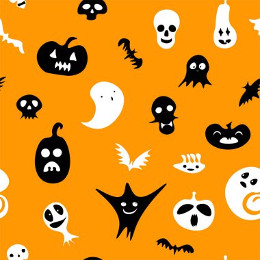 Kusursuz Cadılar Bayramı şablonu. Siyah beyaz hayalet, balkabağı, iskelet, turuncu arka planda kafatasları. Sonbahar bayramı, Cadılar Bayramı ve Ölüler Günü için sevimli korkunç karakterler. Vektör şenlik arkaplanı