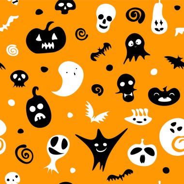 Kusursuz Cadılar Bayramı şablonu. Siyah beyaz hayalet, balkabağı, iskelet, portakal rengi arka planda kafatasları. Sonbahar bayramı, Cadılar Bayramı ve Ölüler Günü için sevimli korkunç karakterler. Vektör illüstrasyonu