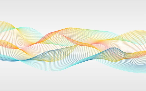 Vektör soyut çizgili afiş. Açık gri arkaplanda sarı, turuncu, mavi eğimli dalgalar. Web, site, reklam, posterler için renk şablonu. Uzayı kopyala Yumuşak dalgalı dinamik çizgiler çizimi