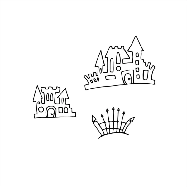 Châteaux Vectoriels Doodle Ensemble Maisons Dessinées Main Isolées Sur Fond — Image vectorielle
