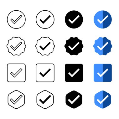 İşaretleme Doğrulama Rozeti Simgeleri Ayarlamasını Kontrol Et. Çember, Meydan ve Rozet Şekillerinde Onaylanmış, Onaylanmış, Doğrulanmış Sembol Koleksiyonu