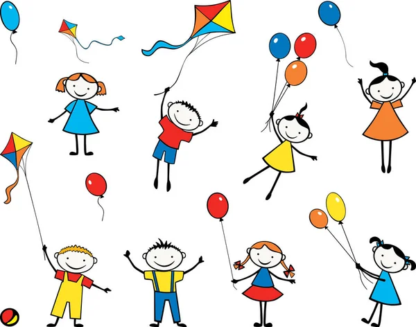 Balonlar Uçurtma Oynak Çocuklarla Vektör Görüntü — Stok Vektör