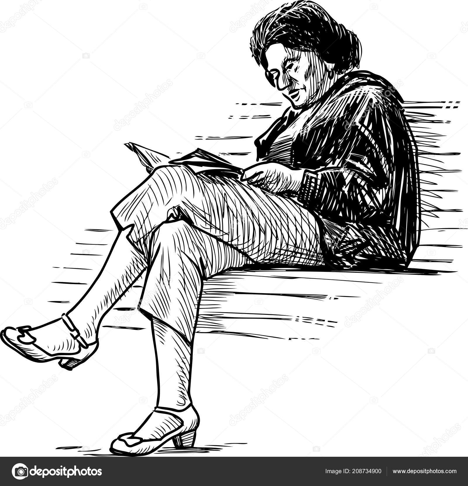Sketch Elderly Woman Reading Book Park Bench Stock Vector