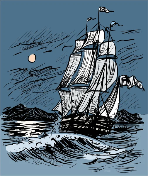 Croquis Voilier Dans Mer Nuit — Image vectorielle