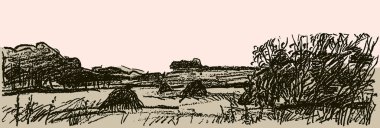 Kalem kroki sonbahar bir kırsal manzara