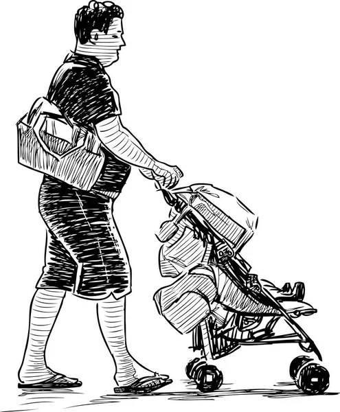 散歩のために行く彼の赤ちゃんと父親のスケッチ — ストックベクタ