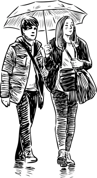 年轻夫妇在雨伞下行走的素描 — 图库矢量图片