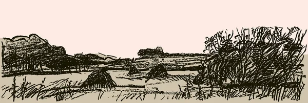 Pencil Sketch Autumn Rural Landscape — Stock Vector