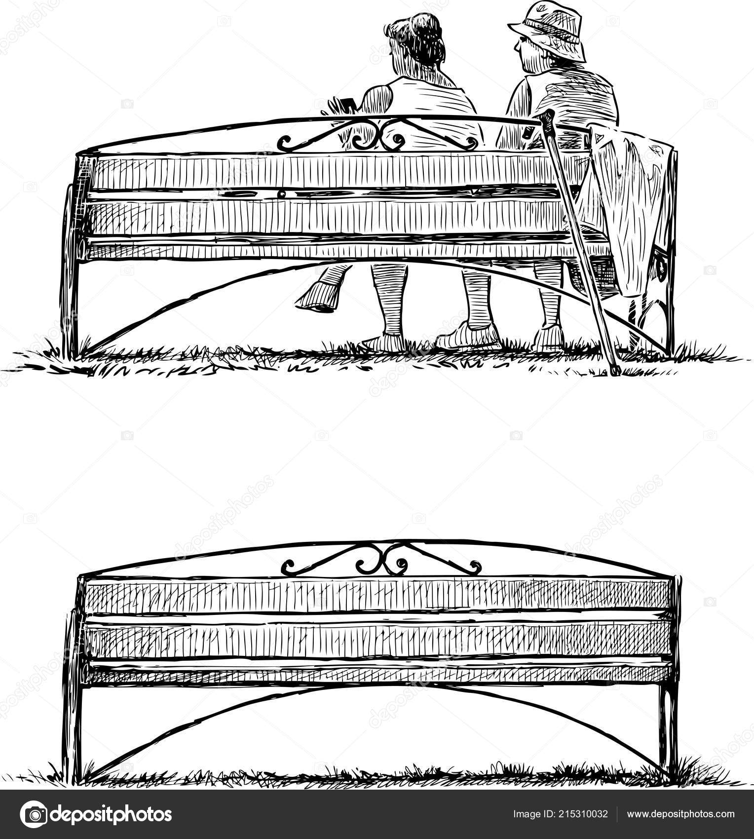 Sketches Empty Park Bench Elderly Women Relaxing Stock Vector