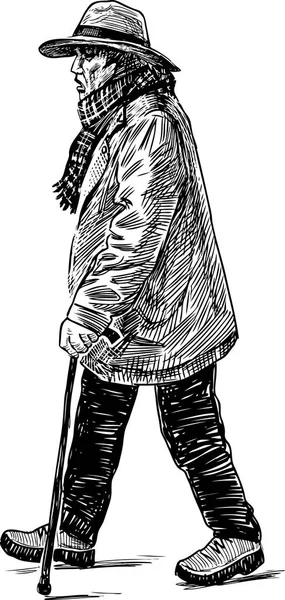 Ескіз Літнього Чоловіка Тростиною Йде Прогулянкою — стоковий вектор