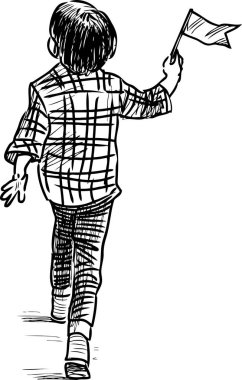 Küçük bir çocuk ile küçük bir bayrak yürüyüş taslağını