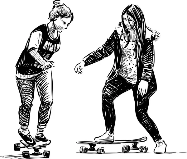 Sketch Teenage Girls Skateboarding — Stock Vector