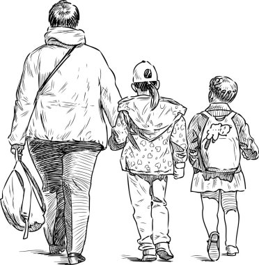 A townswoman with two little girl going from a school clipart