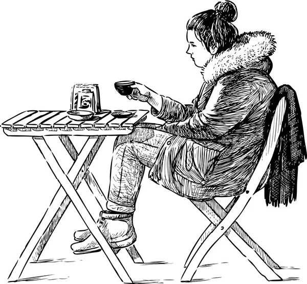Teenage Girl Drinking Coffee Outdoor Cafe — Stock Vector