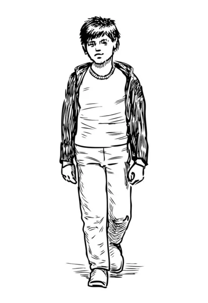 一个休闲小男孩在街上行走的素描 — 图库矢量图片